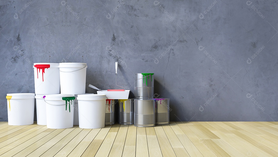 Parede de concreto rachada em branco e piso de madeira, lata de cor prata e ferramentas de pintura no chão.