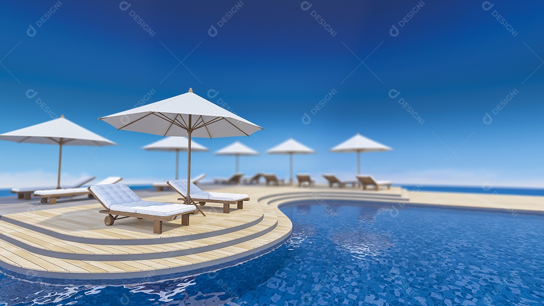 Sofá e guarda-chuva no terraço de madeira curva, piso de degrau, vista para o mar, piscina infinita, imagens de profundidade de campo.
