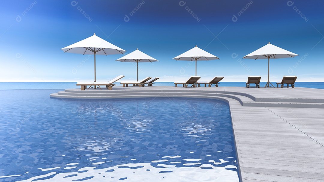 Sofá e guarda-chuva no terraço de madeira curvado, piso de degrau, vista para o mar, piscina infinita.
