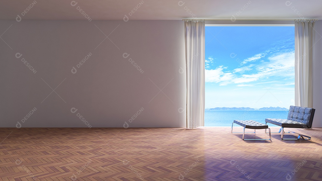 Sala à beira-mar, cortinas de janela de tecido branco, parede de concreto rachado branco, poltrona de couro no piso laminado de padrão de espinha de peixe.