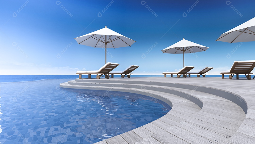 Sofá e guarda-chuva no terraço de madeira curvado, piso de degrau, vista para o mar, piscina infinita.