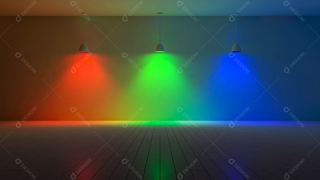 3 lâmpadas penduradas que usam lâmpadas diferentes. Cor do espectro RGB na parede de concreto rachada e piso de madeira.