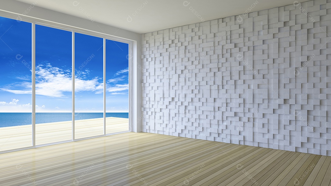 Sala à beira-mar, decoração cúbica branca na parede e no chão.