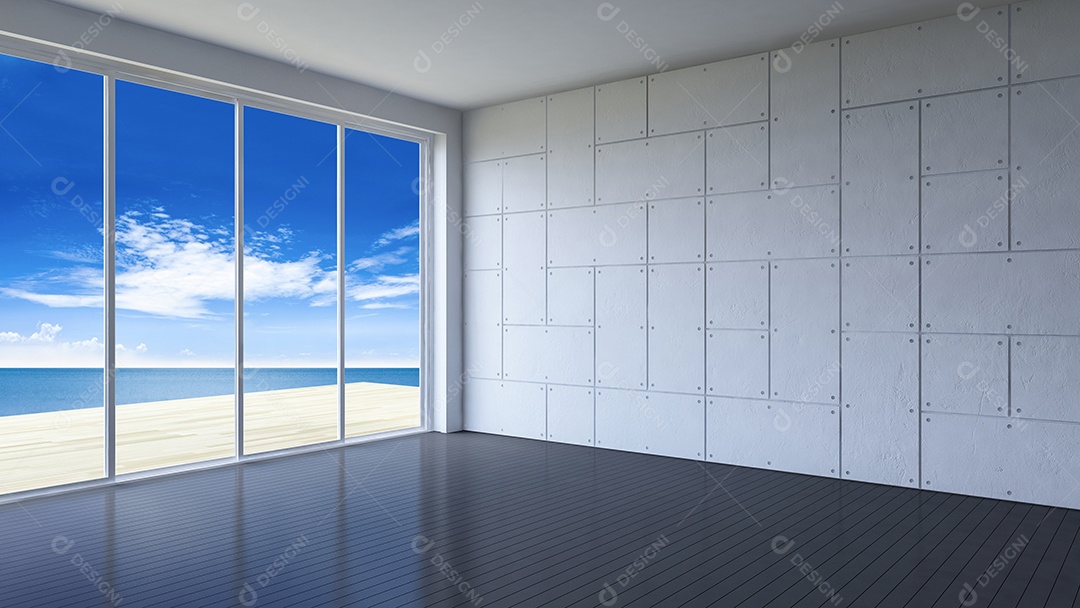 Sala à beira-mar de estilo simples, luz solar da janela e sombra no piso de madeira escuro, parede decorada com padrão de concreto.