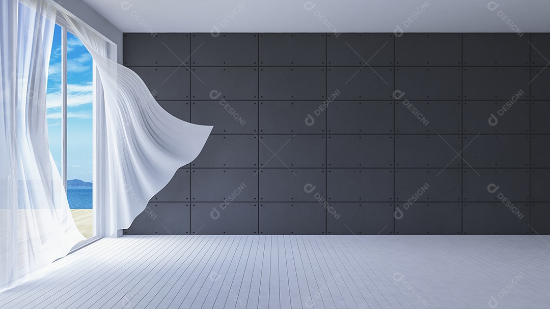 Sala de estilo simples, cortinas de tecido branco sendo sopradas pelo vento do mar, luz solar da janela e sombra no chão.