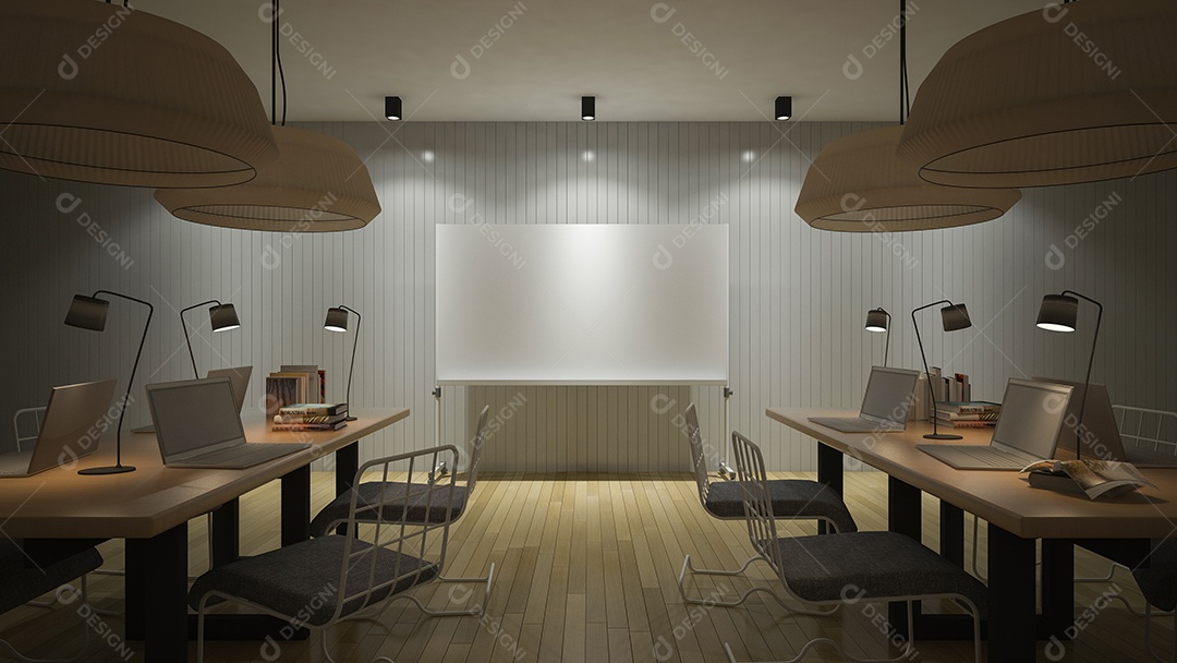 Sala de trabalho que tem um quadro branco em branco para preencher suas palavras, perspectiva de visão noturna.