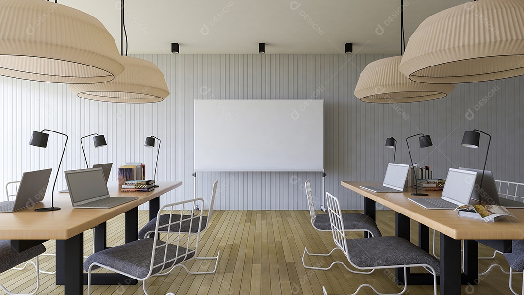 Sala de trabalho que tem um quadro branco em branco para preencher suas palavras.