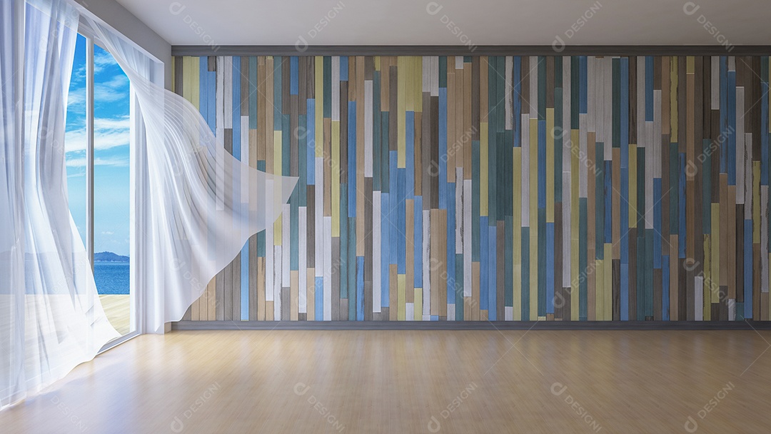 Sala de estilo simples, cortinas de tecido branco sendo sopradas pelo vento do mar, luz solar da janela e sombra no chão.