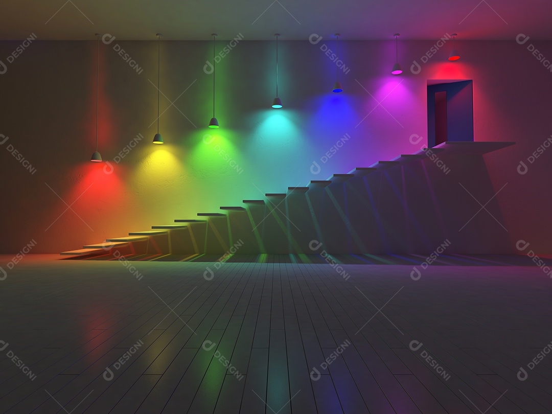 7 lâmpadas penduradas que usam lâmpadas diferentes. cor do espectro na parede de concreto rachada, escadas e piso de madeira.