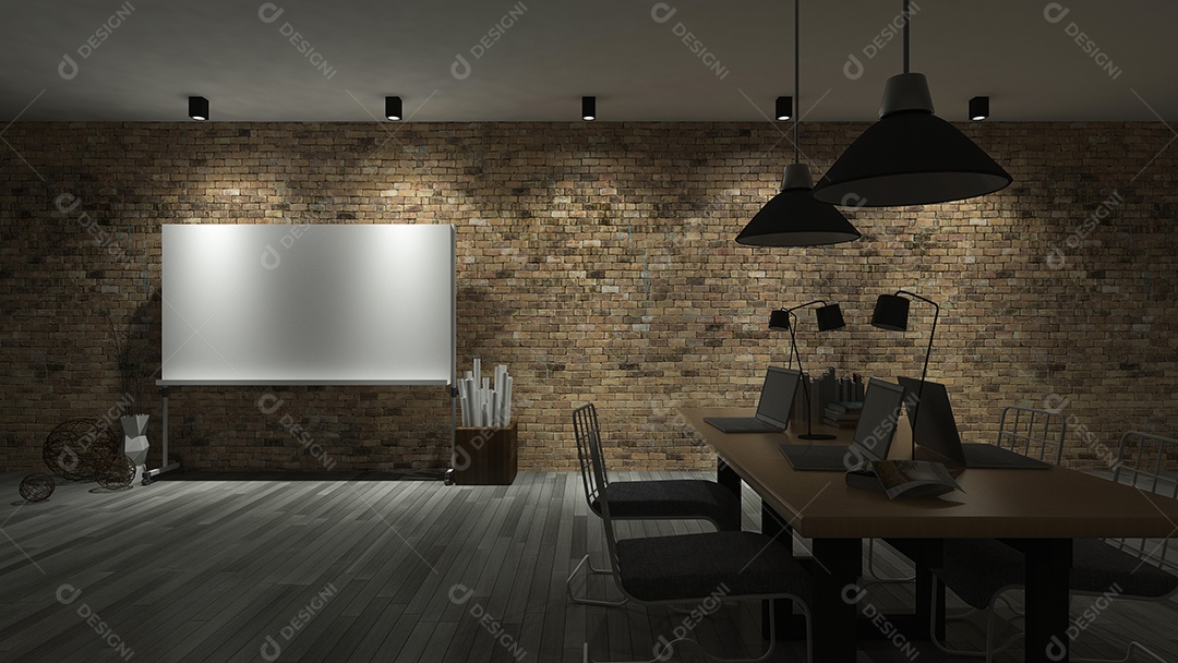 Sala de trabalho que tem um quadro branco em branco para preencher suas palavras, parede de tijolos antigos e piso de madeira, vista em perspectiva noturna.