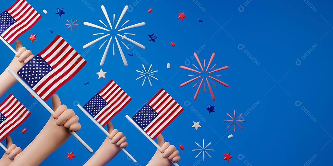 renderização 3D ilustração do dia da independência dos EUA. Grupo de pessoas prendendo a bandeira americana com fogo de artifício não céu.