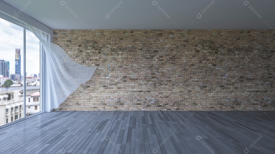 Sala de estilo simples, cortinas de tecido branco sendo sopradas pelo vento do mar, luz solar da janela.