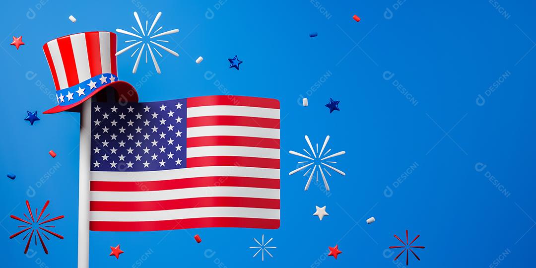 Dia da independência dos EUA de renderização 3D ou ilustração de quatro de julho. Bandeira dos Estados Unidos da América com um chapéu no post e fogos de artifício pendurados.