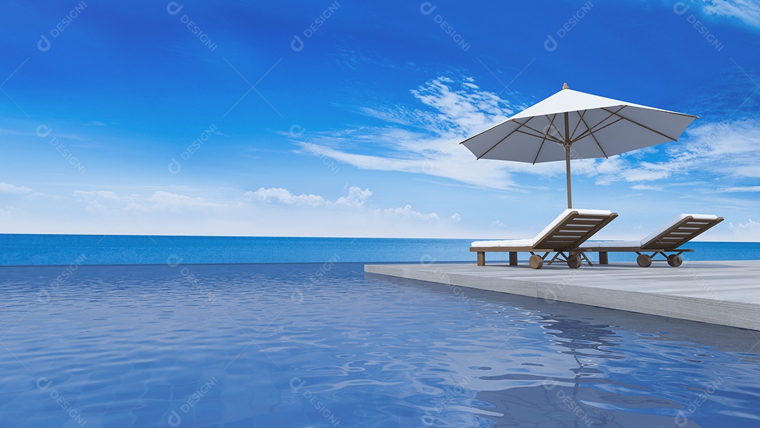 Sofá e guarda-chuva no terraço de madeira, vista para o mar, piscina infinita.