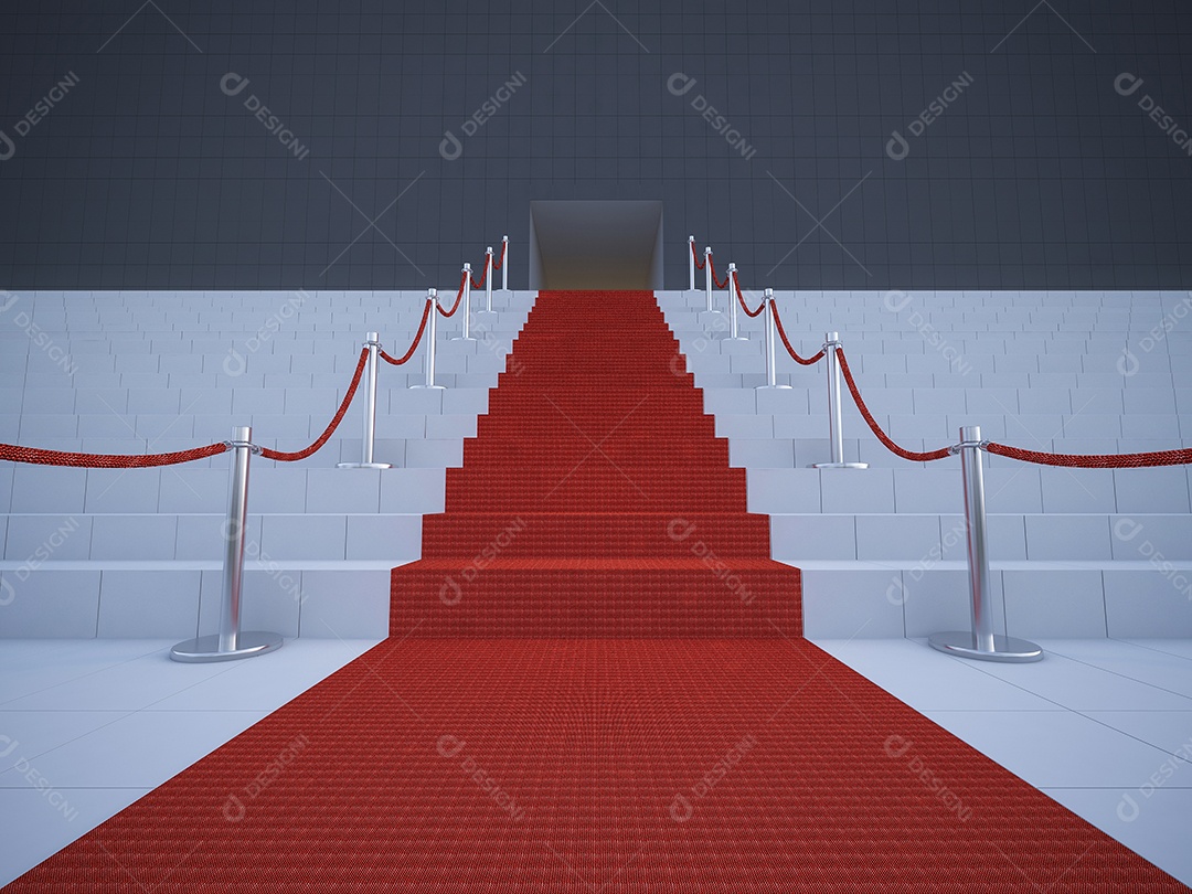 Imagem de renderização 3D do tapete vermelho nas escadas.