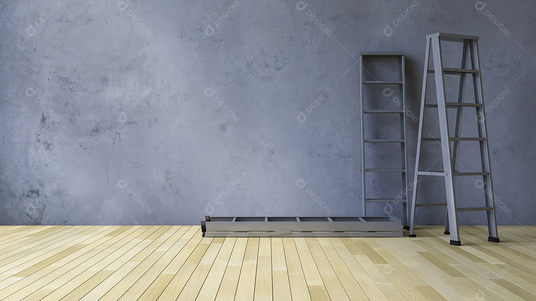 Parede de concreto rachada em branco e piso de madeira.