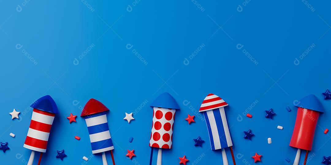 Renderização 3D baseada em fogos de artifício com espaço de cópia para texto ou mensagem. Bandeira de ilustração do dia da independência dos EUA.