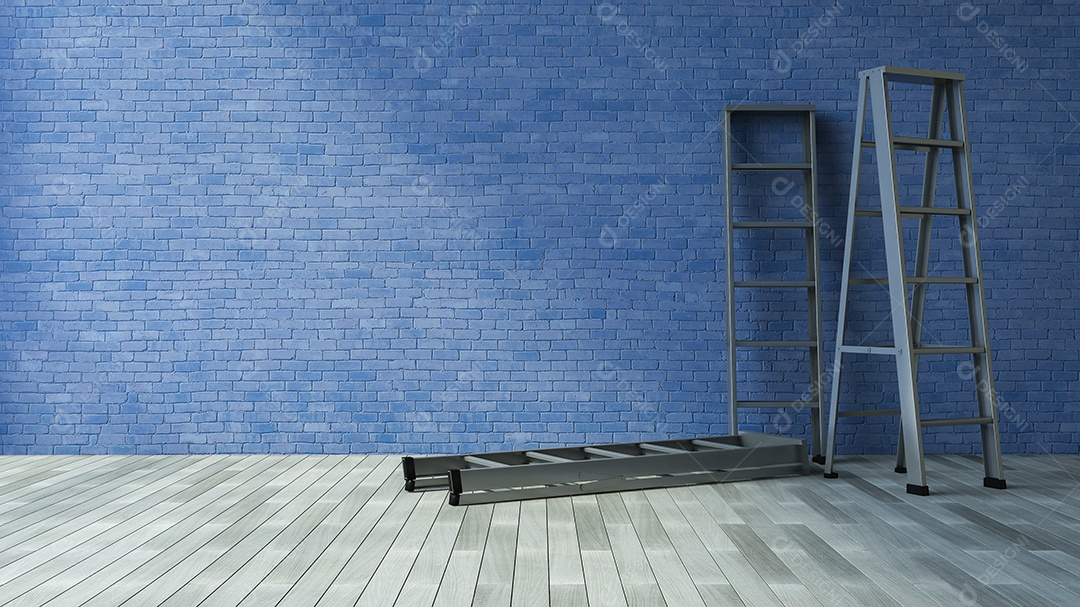 Parede de tijolo azul velha em branco e piso de madeira.