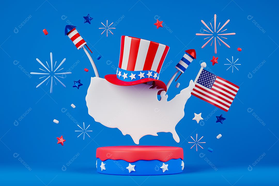 renderização 3D ilustração do dia da independência dos EUA. Mapa dos Estados Unidos da América no pódio com fogos de artifício, chapéu e bandeira nacional.