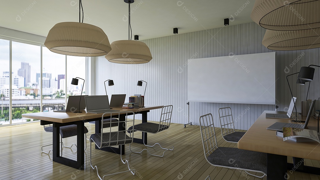 Sala de trabalho que tem um quadro branco em branco para preencher suas palavras, escritório na cidade.