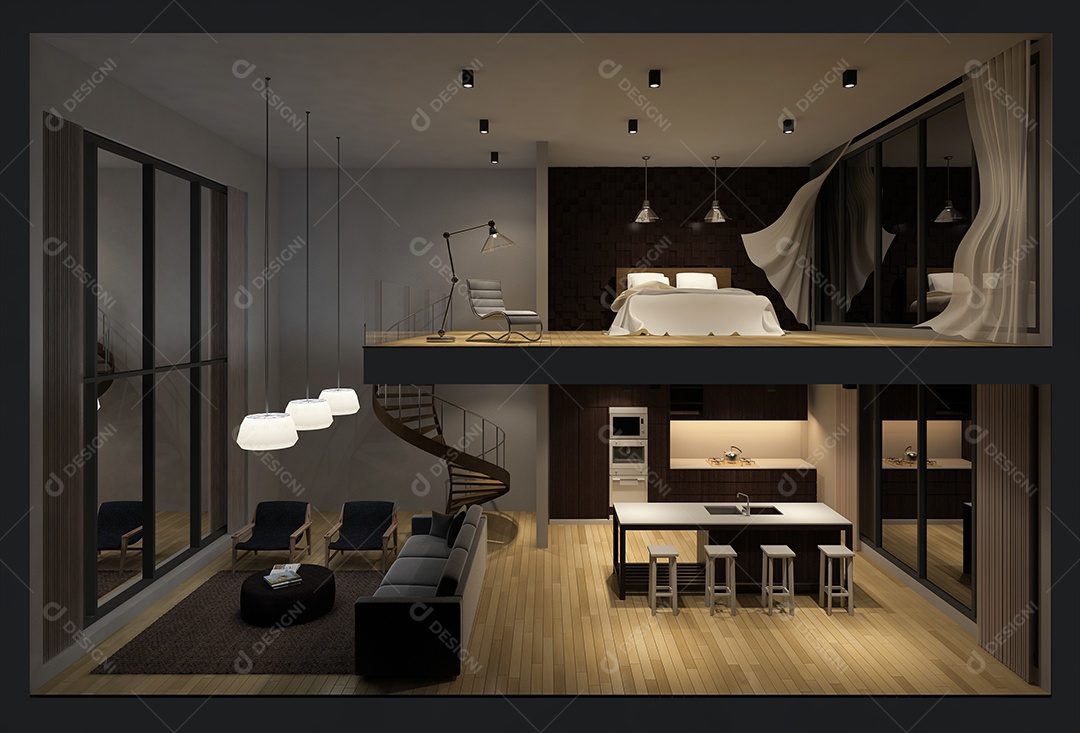 Apartamento de espaço duplo na caixa viva, cortinas de tecido branco sendo sopradas pelo vento.