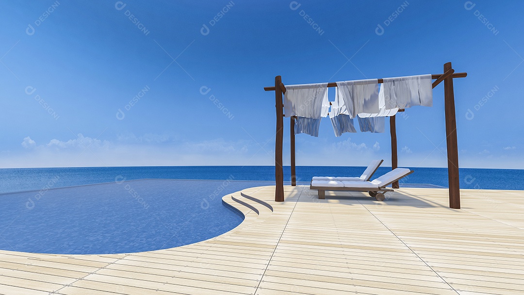 Sofá-cama e da barraca de madeira que cobrem por tecido no terraço, vista para o mar, piscina infinita, cortina sendo soprada pelo vento.