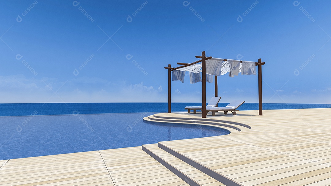 Sofá-cama e da barraca de madeira que cobrem por tecido no terraço, vista para o mar, piscina infinita, cortina sendo soprada pelo vento.