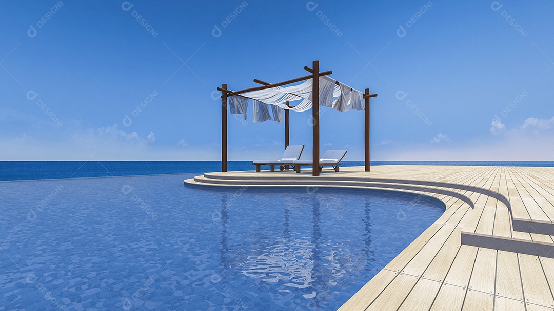 Sofá-cama e da barraca de madeira que cobrem por tecido no terraço, vista para o mar, piscina infinita, cortina sendo soprada pelo vento.