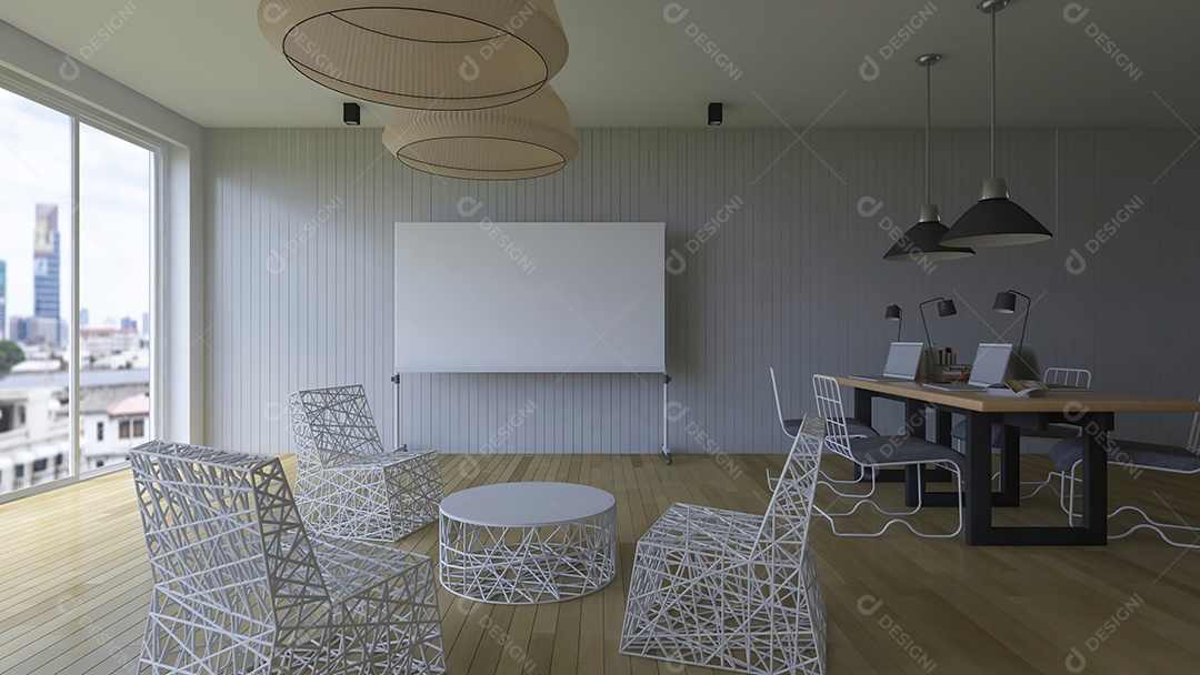 Sala de trabalho que tem um quadro branco em branco para preencher suas palavras.