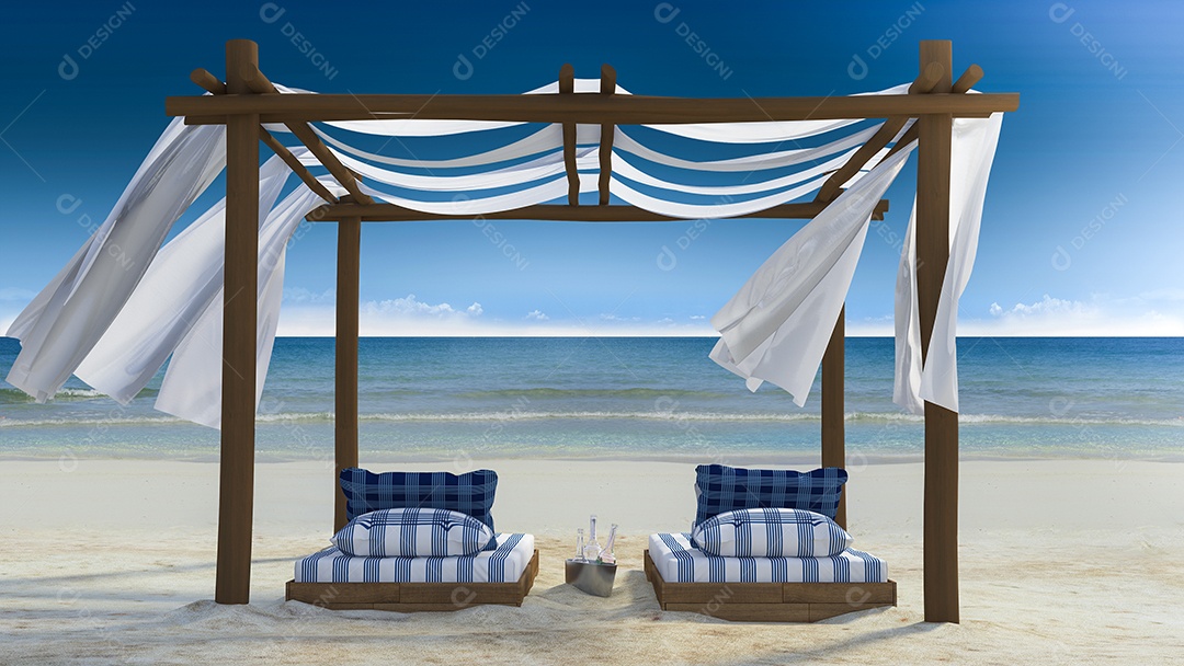 Tenda de madeira que cobre por tecido localizado na praia, cortina sendo soprada pelo vento do mar, cama de dia branca e azul.