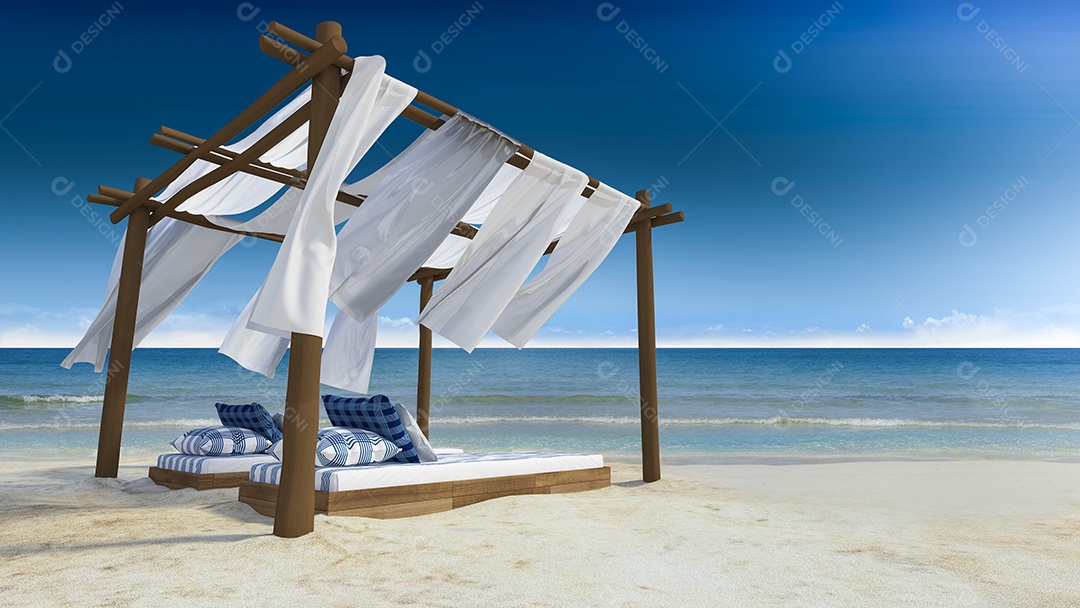Tenda de madeira que cobre por tecido localizado na praia, cortina sendo soprada pelo vento do mar, cama de dia branca e azul.