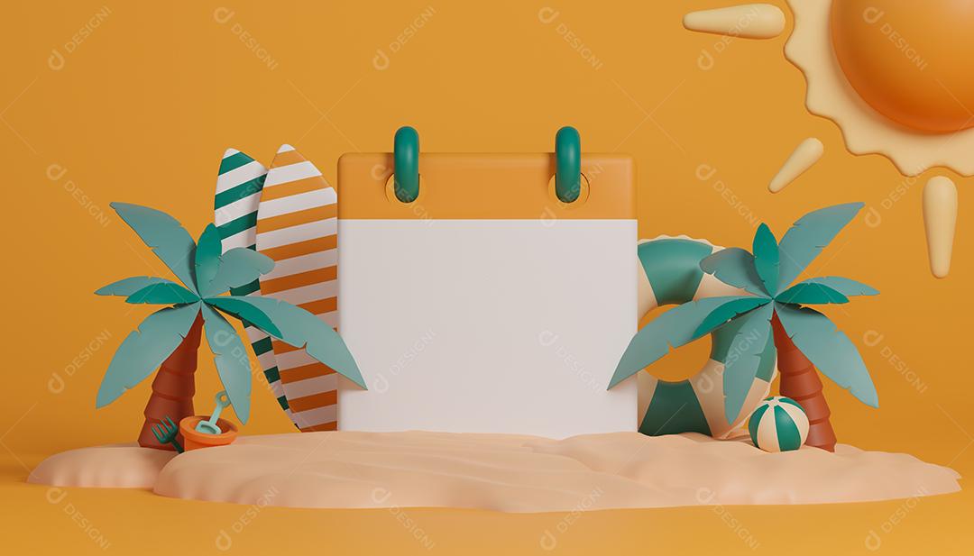 3d renderização calendário branco na praia com palmeiras, pranchas de surf, bola, tubo de natação e saltos de praia. Conceito de jantar de temporada de verão.