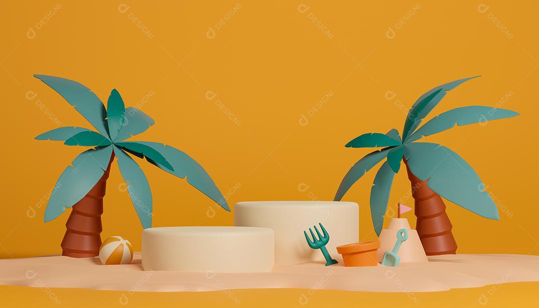 3d renderização de dois pódios de cilindros vazios na praia com palmeiras, bola e saltos de praia. Jantar de verão para exposição de produtos.
