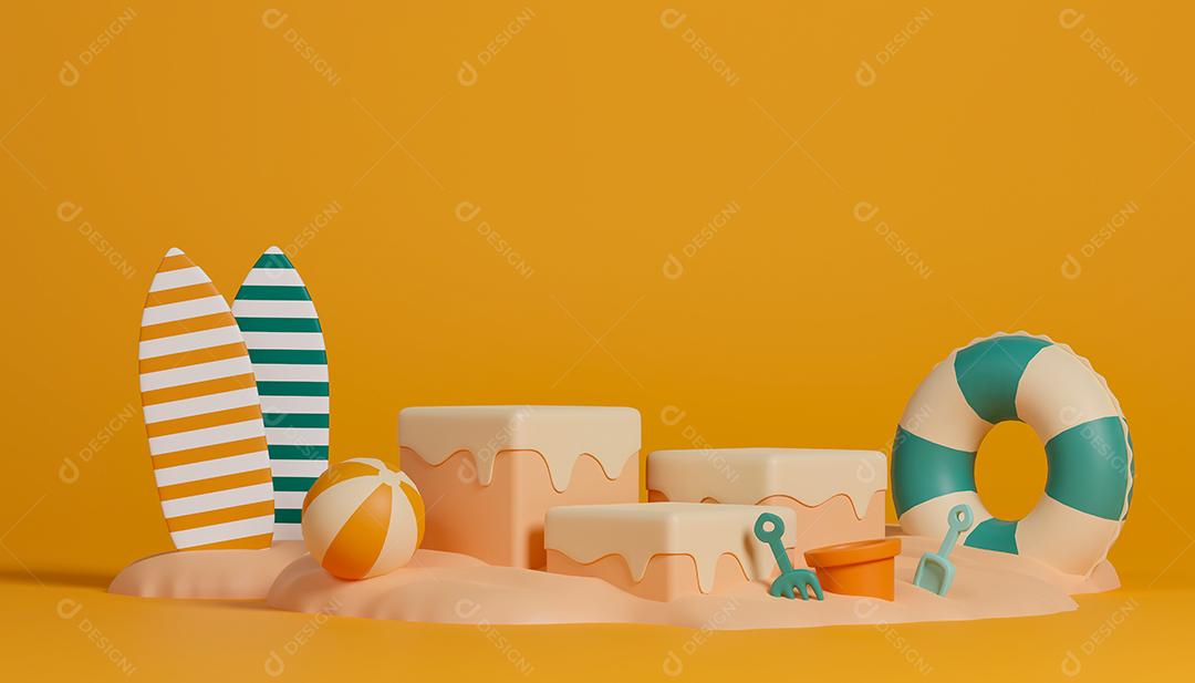 renderização 3D três pódios de cilindros vazios na praia com prancha de surf, bola, saltos de praia e tubo de natação. Jantar de verão para exposição de produtos.