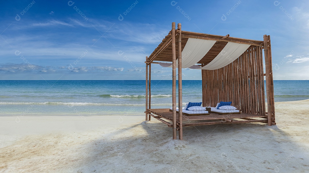 Barraca de bambu que cobre por tecido localizado na praia, teto de tecido sendo soprado pelo vento do mar, cama de dia branca e azul e travesseiro.