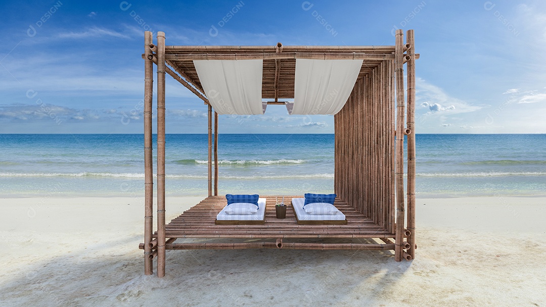 Barraca de bambu na praia.