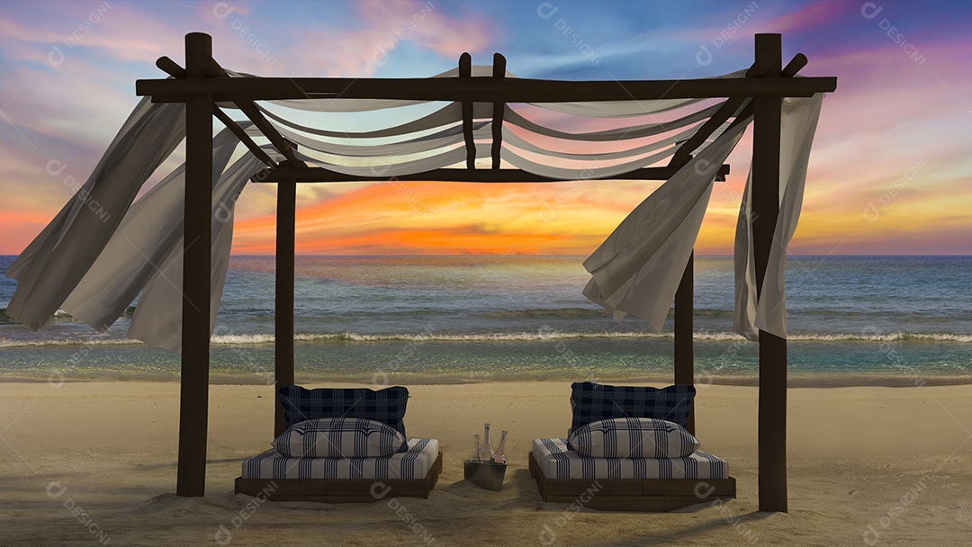Imagem de renderização 3D da barraca de madeira que cobre por tecido localizado na praia.