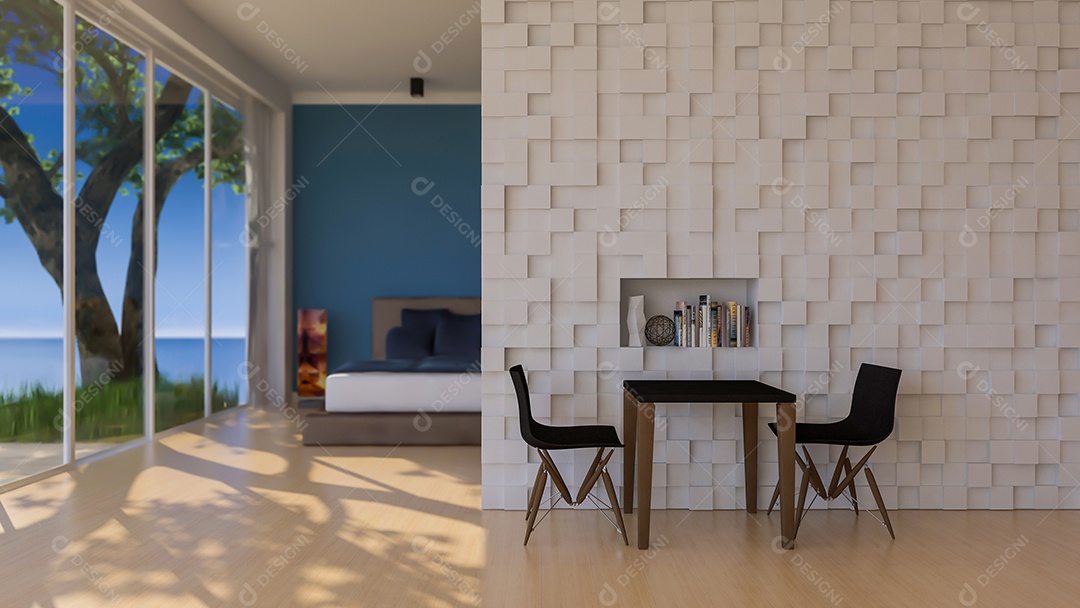 Imagem de renderização 3D de mesa e cadeira na frente da parede decorada por padrão cúbico.