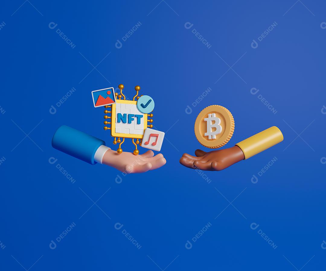 Conceito de renderização 3D de um token fúngico ou NFT para obras de arte e música em um fundo azul.