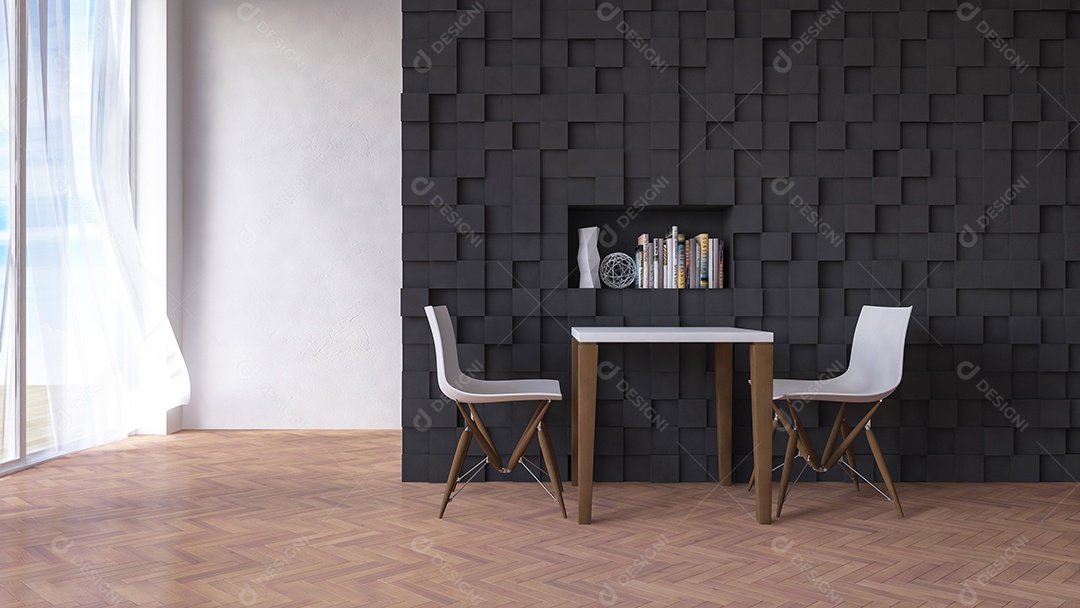 Imagem de renderização 3D de mesa e cadeira na frente da parede de cor escura decorada por padrão cúbico.