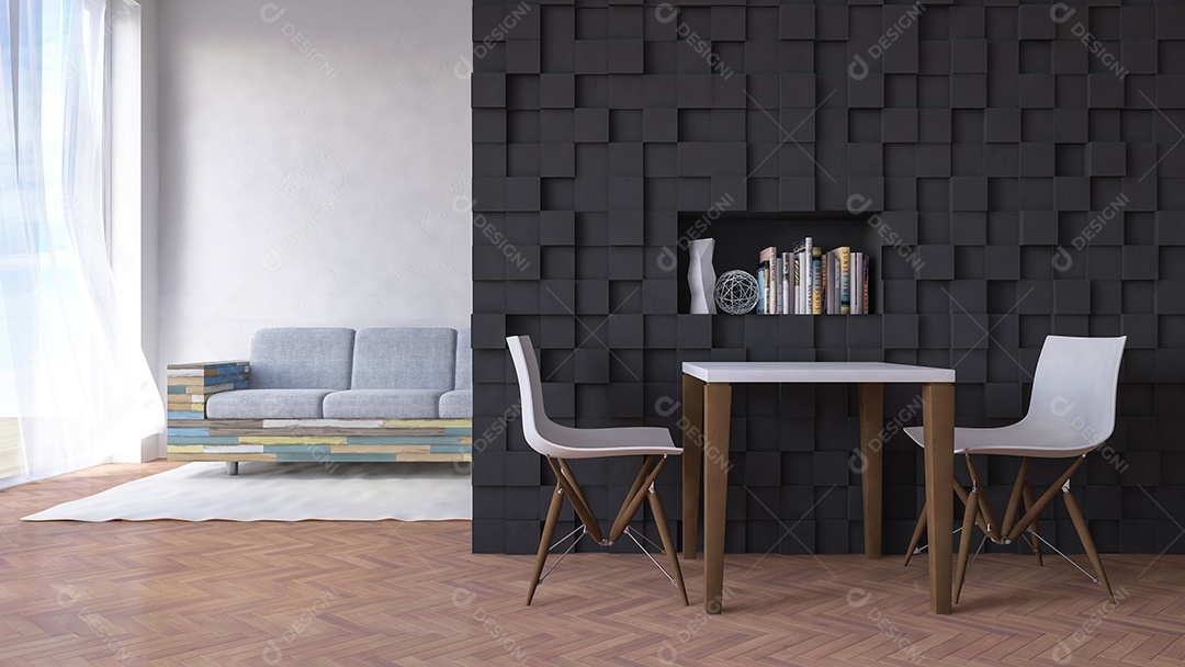 Imagem de renderização 3D de mesa e cadeira na frente da parede de cor escura decorada por padrão cúbico.