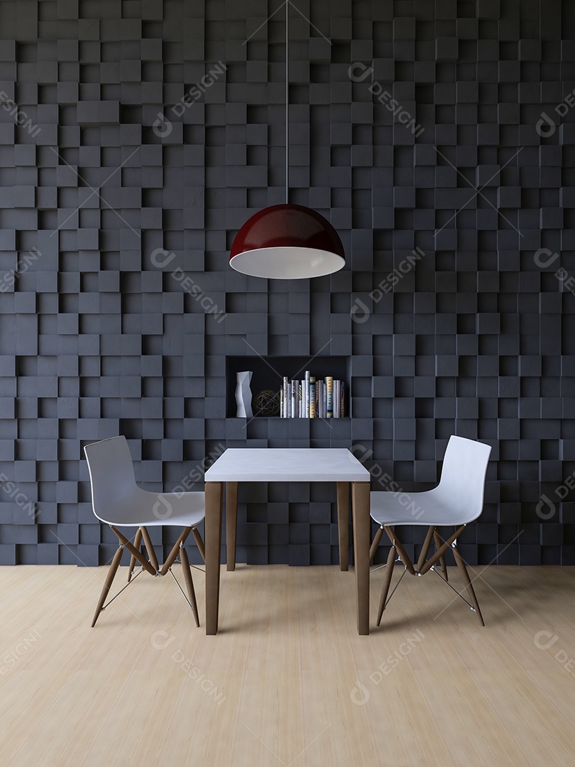 Imagem de renderização 3D de mesa e cadeira na frente da parede de cor escura decorada por padrão cúbico.