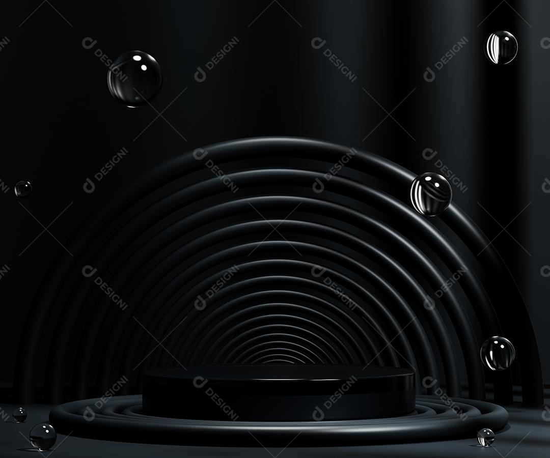 renderização 3d pódio cilindro vazio no fundo preto. Cena abstrata para exibição do produto.