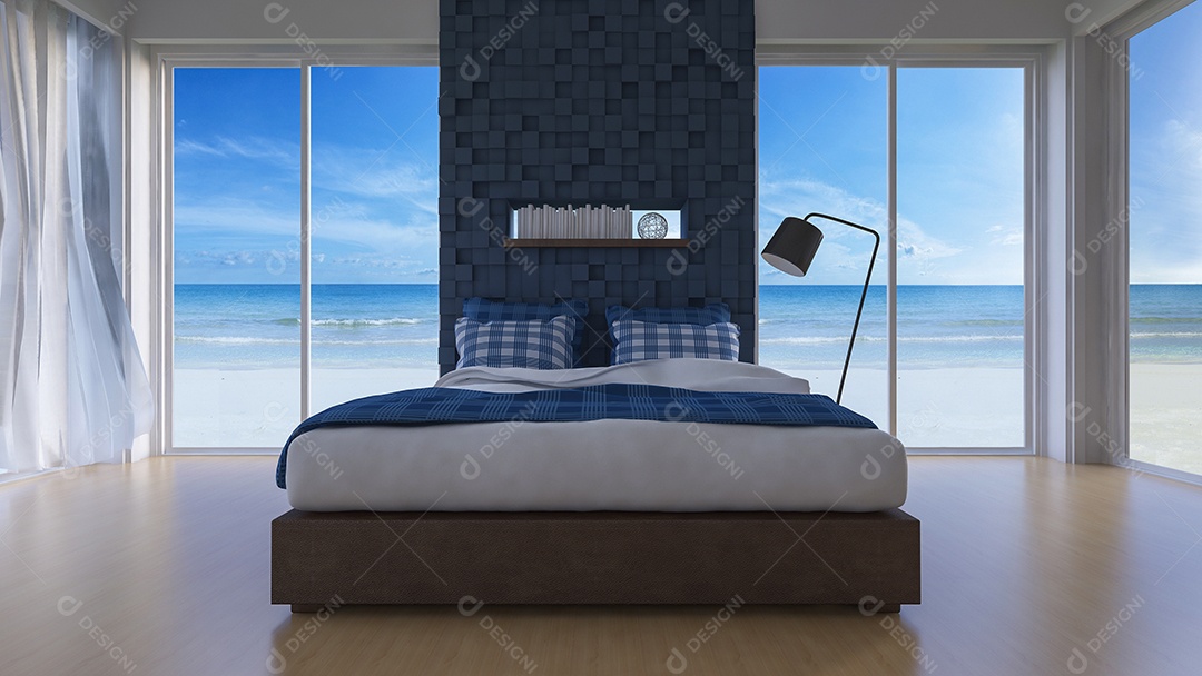 Quarto 3D com vista para o mar.