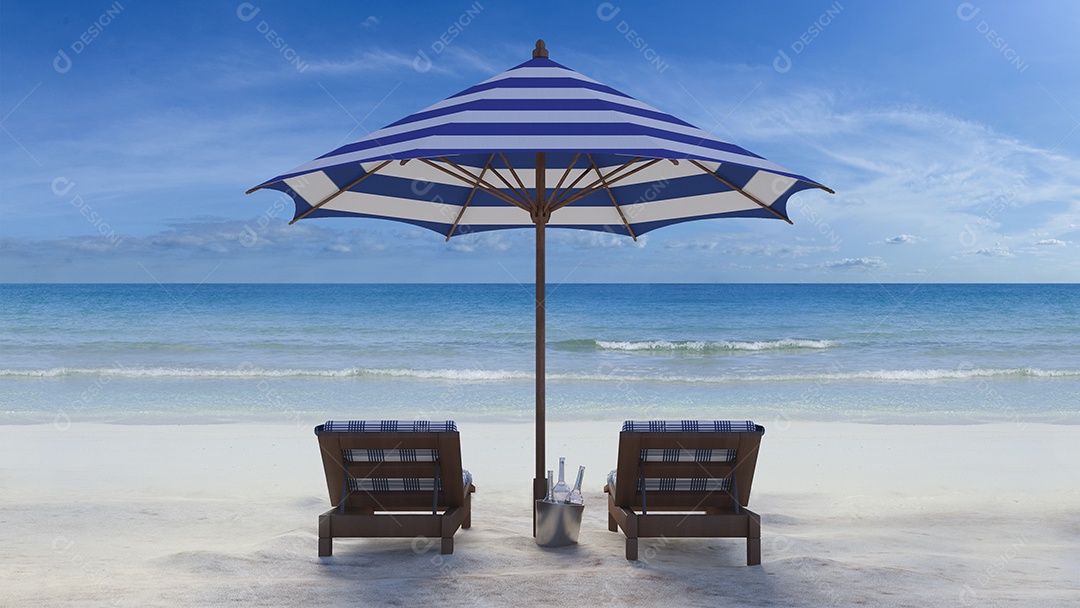 Guarda-chuva 3d azul e branco na praia.