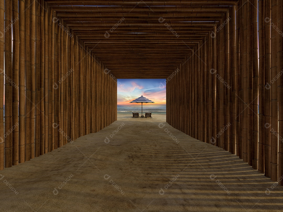 Imagem de renderização 3D de sofá e guarda-chuva na praia, vista para o mar, crepúsculo na hora do pôr do sol, passagem de cobertura de bambu para a praia.