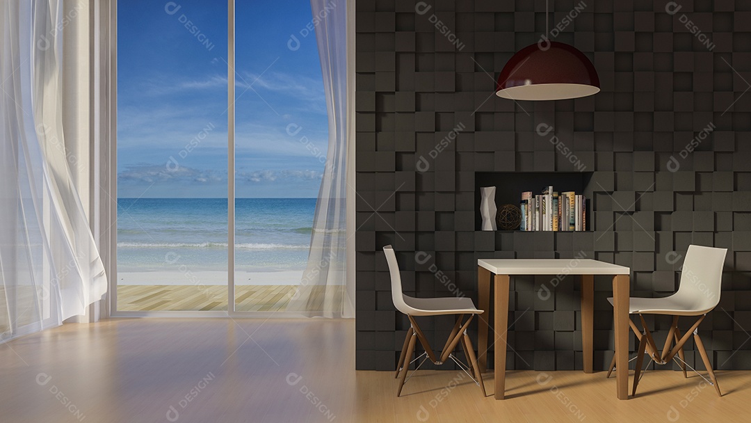 Imagem de renderização 3D de mesa e cadeira em frente à parede de cor escura decorada por padrão cúbico.