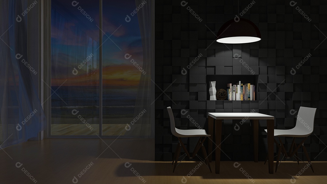 Imagem de renderização 3D da mesa e cadeira na frente da parede de cor escura decorada por padrão cúbico.
