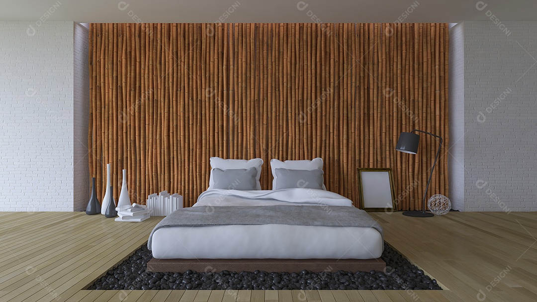 Cama 3Ds e parede de bambu.