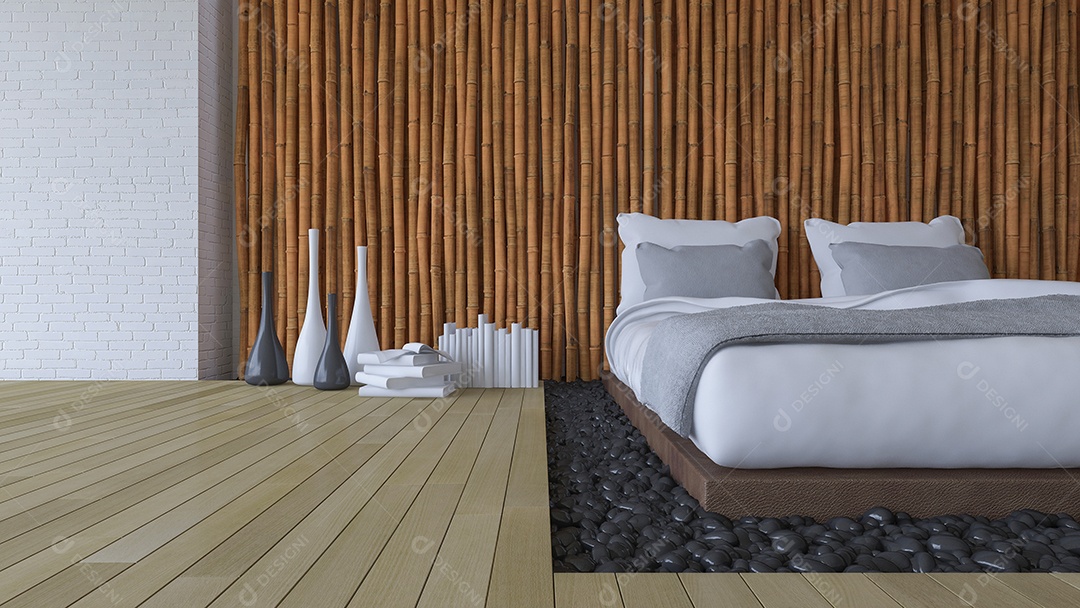 Cama 3Ds e parede de bambu.